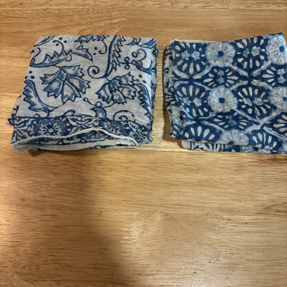 Pair Of Vintage Hankie Handkerchief - BLUE & WHITE VICTORIAN 22" Each, Karavan